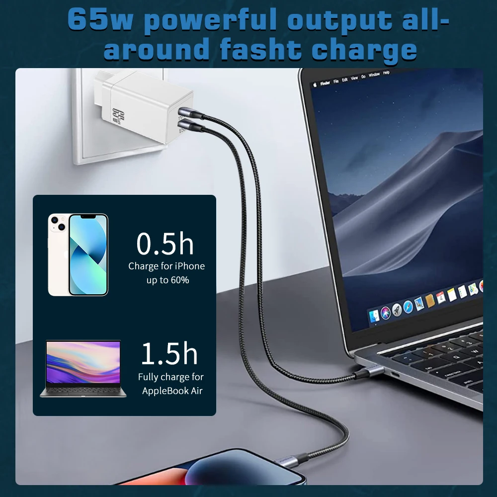65W GaN USB C Charger Quick Charge 3.0 Phone Charger Type C Fast USB Charger For iPhone 15 14 13 12 Pro Samsung Xiaomi 13 Huawei