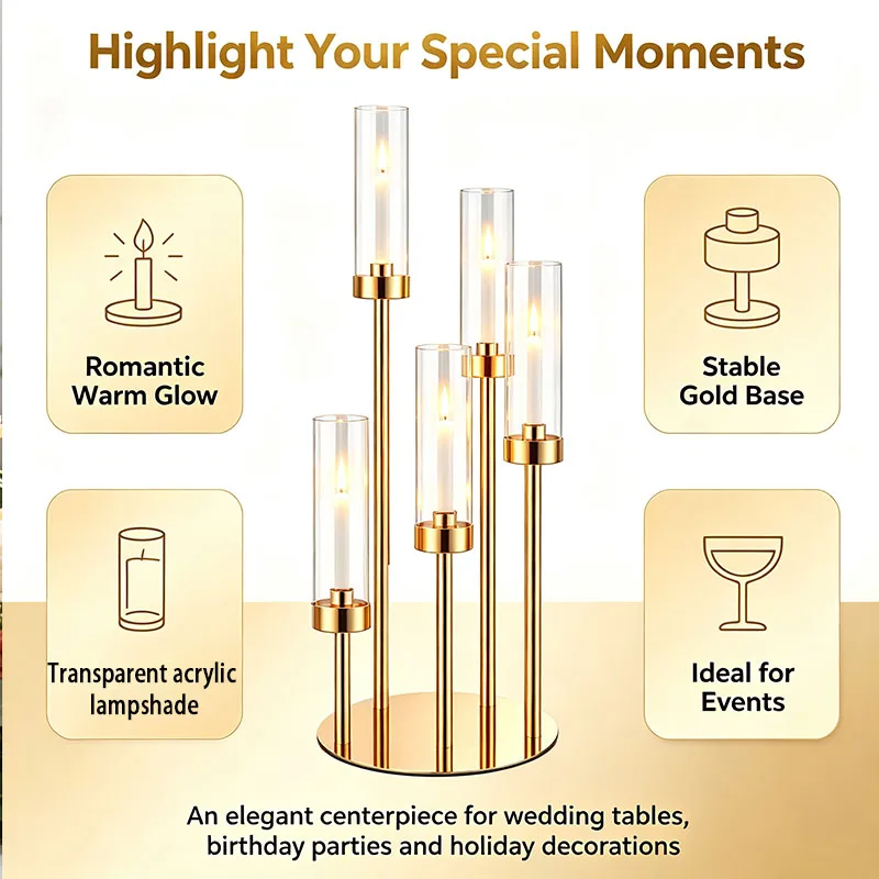 5 Head Gold Candelabra Holder Floor Standing Wedding Road Guide Centerpiece for Banquet Hotel Home Decor Wedding Centerpiece