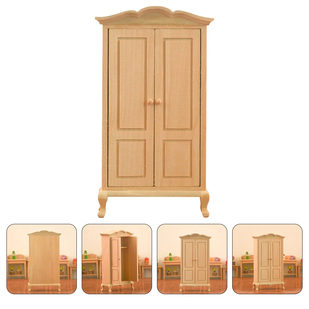 

Solid Wood Wardrobe Model Toy Dolls Dollhouse Double Door Closet Wooden Mini Crafts Miniature Decor