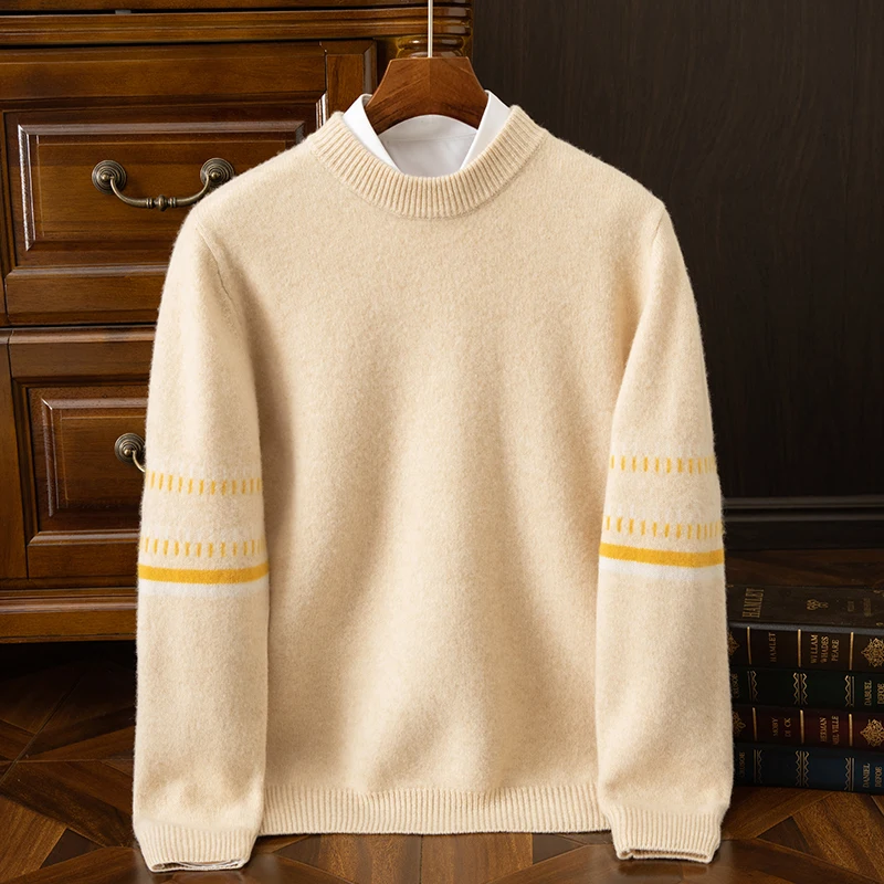 High-end 100% beautiful slave pure wool men's round neck 2024 autumn and winter new thick warm sweater knitted sweater coat.