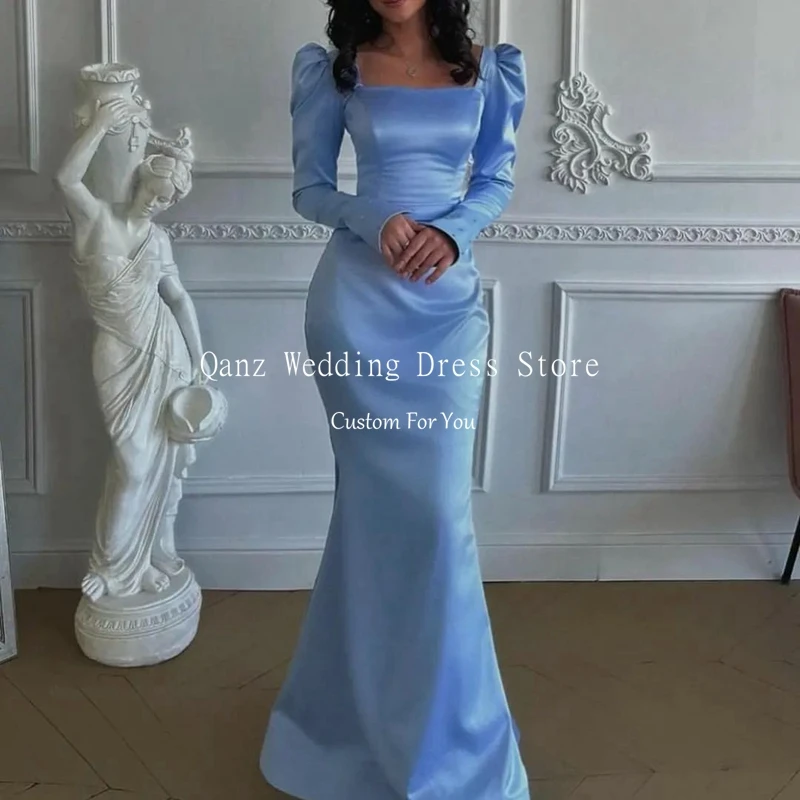 Qanz Sky Blue Customized Prom Dress Cap Sleeves Satin Evening Party Gowns Bow Corset Back Formal Wear Robe De Soiree Vestido