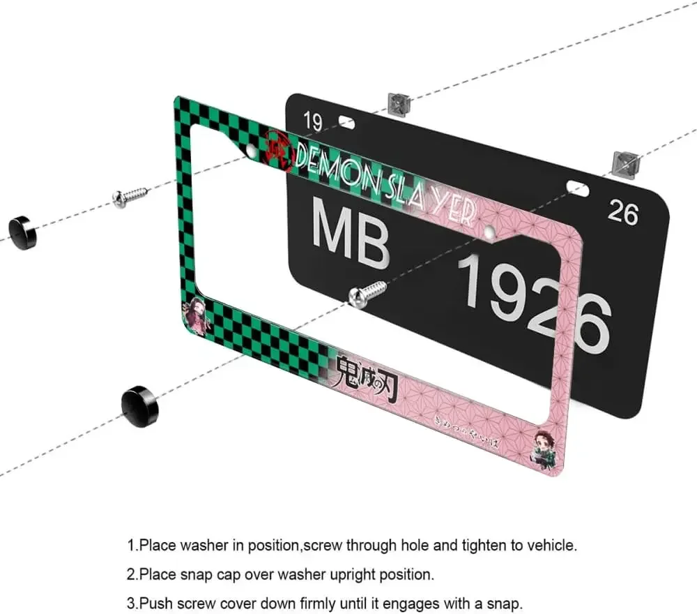 أنيمي شيطان القاتل إطار لوحة الرخصة 2 حزمة حامل لوحة ترخيص السيارة مع 2 ثقوب إطار علامة السيارة للنساء الرجال المركبات الأمريكية