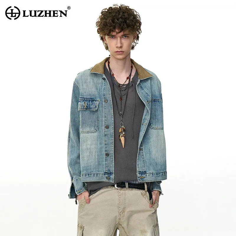 

LUZHEN 2025 Autumn New Pockets Decorate Color Contrast Collar Casual Denim Jacket Men's Fashion High Quality Male Coat JY3887