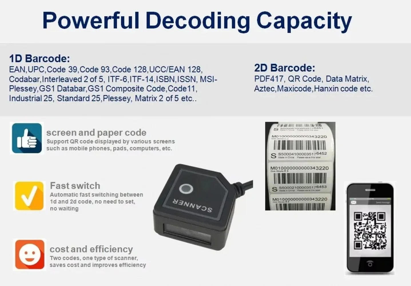 Good Motion Tolerance 2M/S Industrial Reader 1D 2D Fixed Mount Barcode Scanner Module For Production Line
