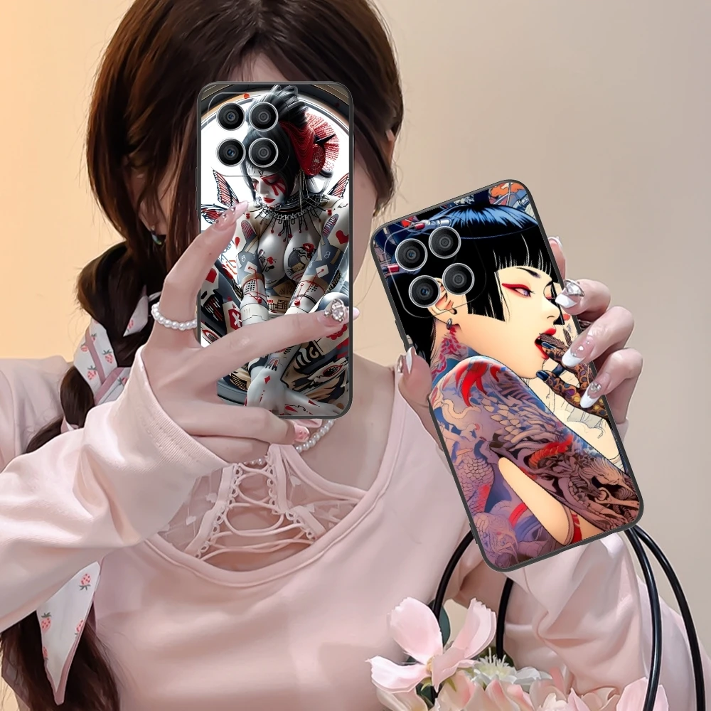 Geisha Tattoos Schilderij Mobiele Mobiele Telefoon Case Voor Huawei Honor 90 80 70 60 50 30 20 10 9 8 7 Pro S Se Lite 5G Zwarte Cover Shell