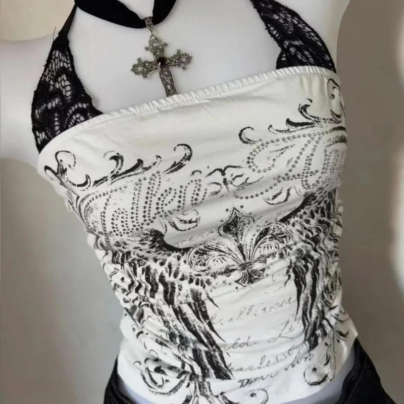 Gothic Y2k Crop Tops Patchwork Vintage Women T-shirt Summer Slim Waist Punk Tees Sleeveless Off-shoulder Design Streetwear Shirt