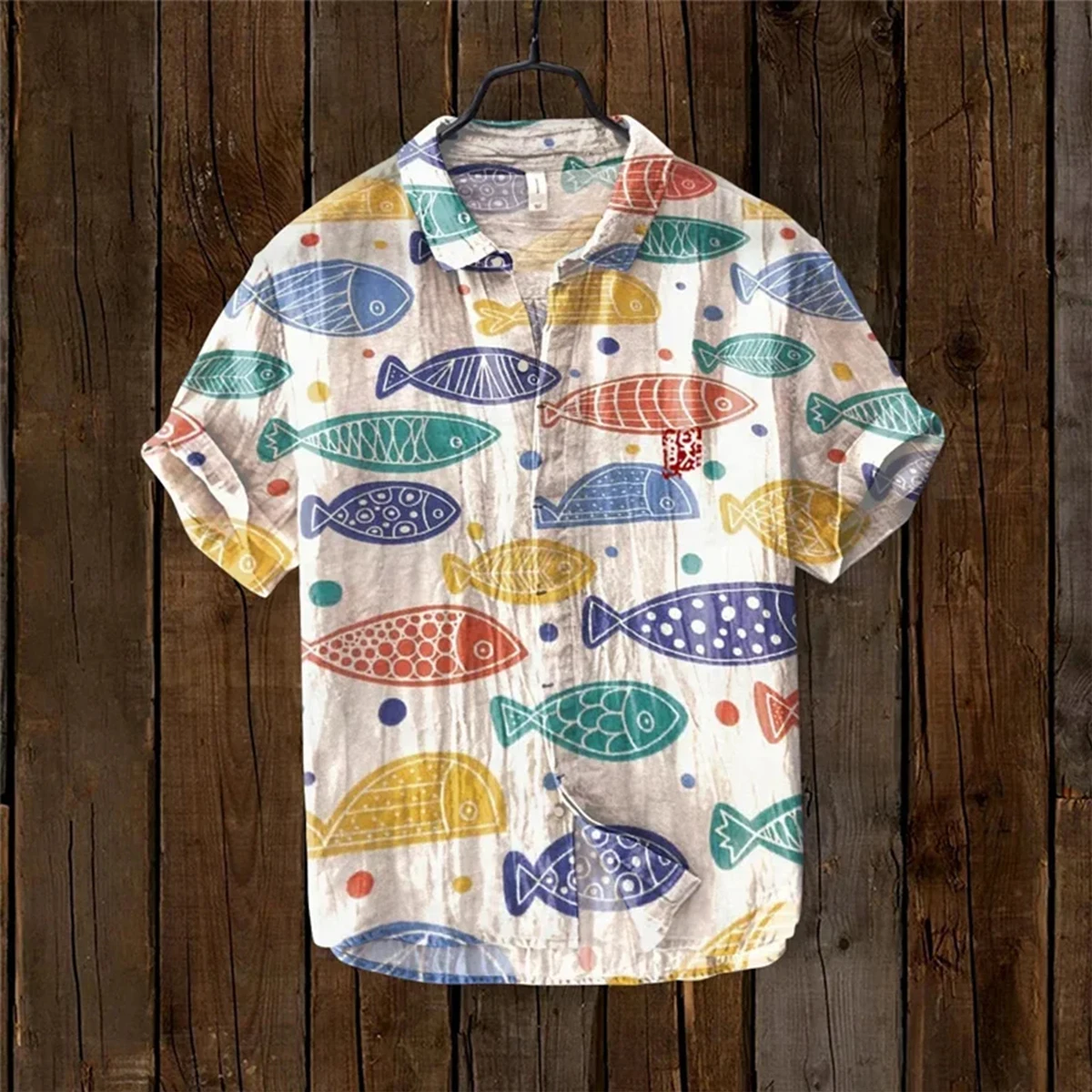 Camisa de linho manga curta lapela masculina, multicolor oceano multicolor peixe série, casual e confortável camisa havaiana, tamanho extragrande S-6XL