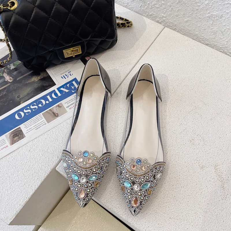 Pointed Toe Transparent Sandals Women\'s Summer Rhinestone Shoes Women\'s 2023 New Shallow Mouth Crystal Flat Shoes Zapatos Mujer