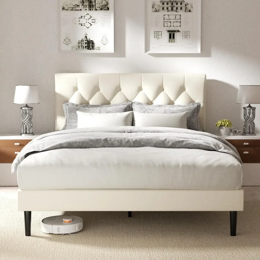 

King Size Platform Bed Frame with Upholstered Headboard, Button Tufted Design, No Box Spring Needed