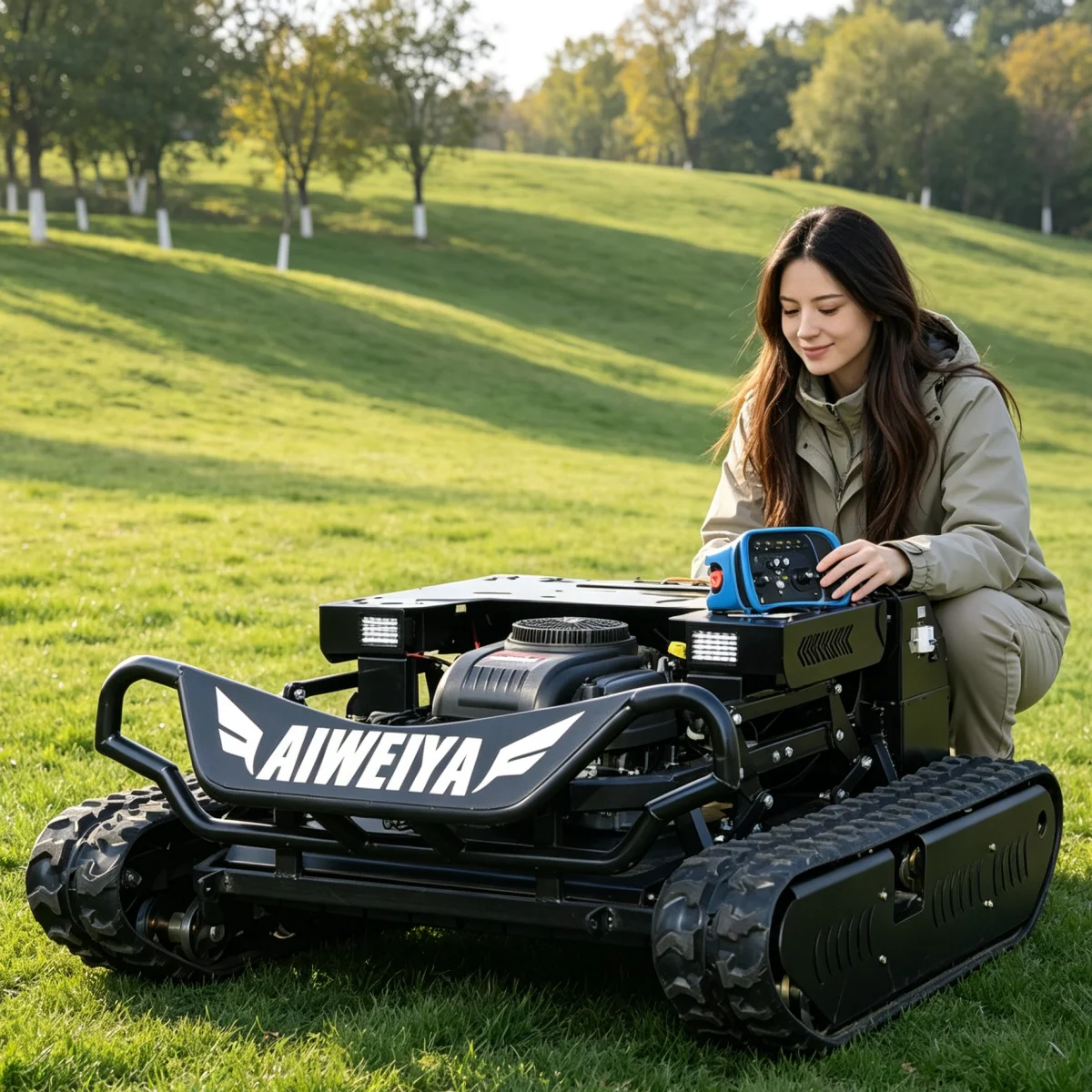Customized Petrol Remote Control Robot Lawn Mower Robotic Lawnmower With Multi-Function Snow Shovel Blade Attachment