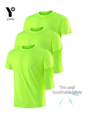 Camiseta de tripulación, 3 uds., verde fluorescente, ultraligera, transpirable, de secado rápido, para Fitness, gimnasio y correr, a cuadros ligeros Quic