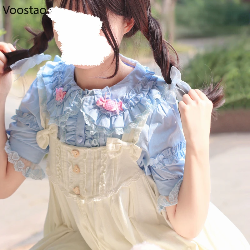 Japanese Soft Girls Lolita Shirt Sweet Lace Ruffles Heart Button Pink Candy Kawaii Blouses Women Peter Pan Collar Blusas Mujer