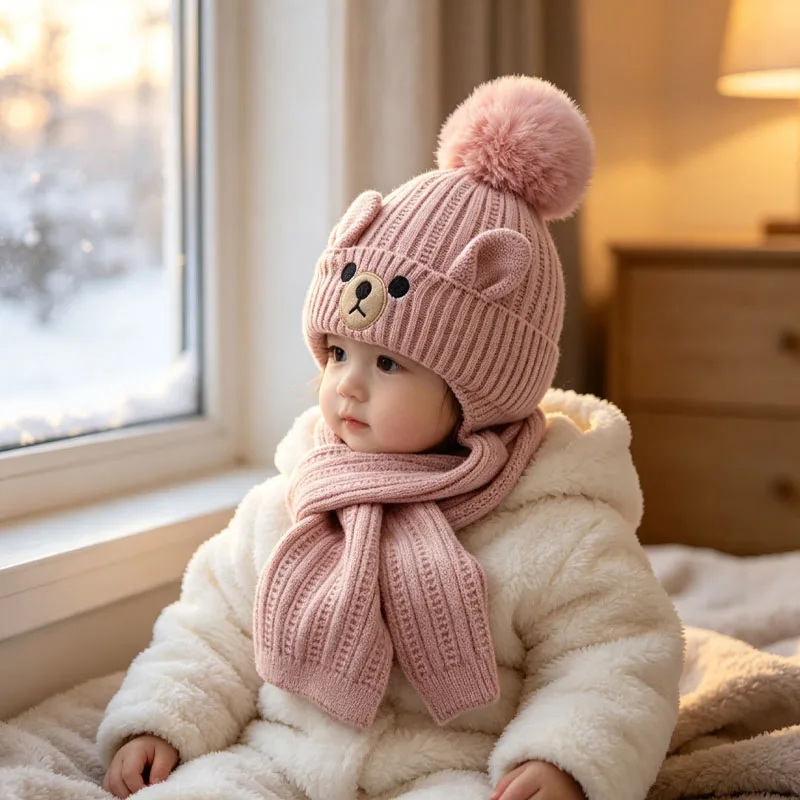 1-5PCS Thick Warm Soft Cozy Knitted Fleece Lined Korean Style Beanie Scarf Set for Boys Girls Winter Outdoor School Cold Weather