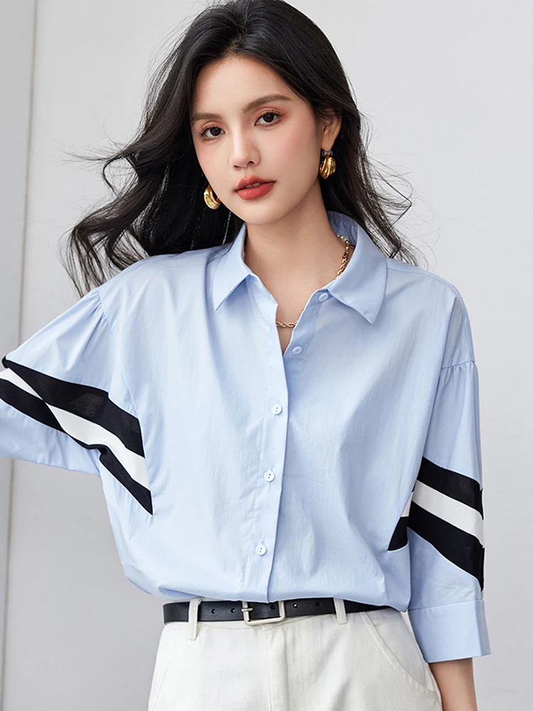 French Contrast Color Striped Shirt Women 2024 Summer New Fashion Loose Blouse Short Sleeve Slim Temperament Tops