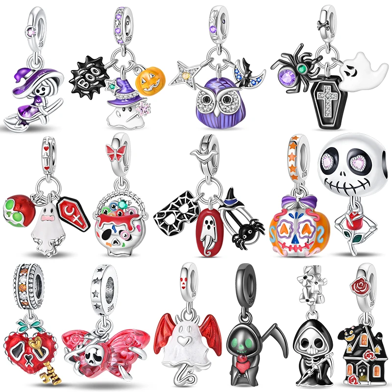 Halloween Charm Beads Ghost Pumpkin Skull Spider Witch Dangle Charms Fits 3mm Bracelet Holiday DIY Pendant Bead Women Jewelry