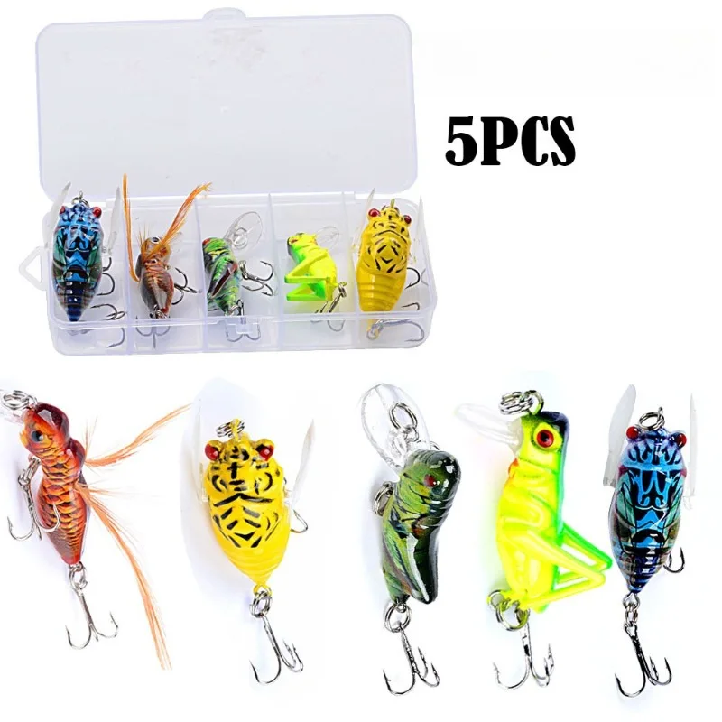 1/5 Stück pro Box, simulierter Zikaden-Heuschrecken-Kunstköder, bionischer Angelköder, künstliche Wobbler, Crankbait, Pesca PikeTackle