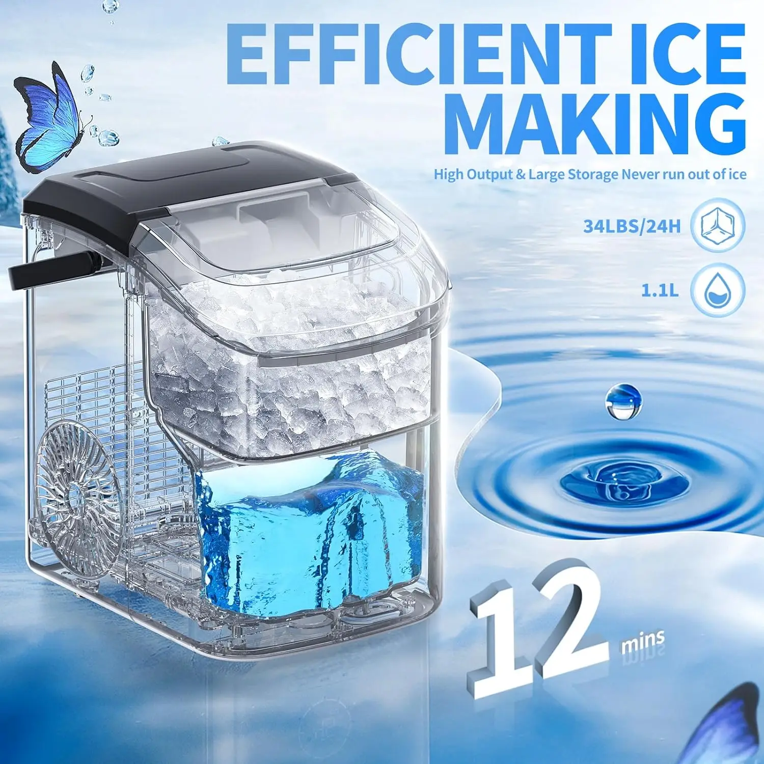 Countertop Ice Maker with Soft Chewable Ice, 34Lbs/24H, Pebble Portable Ice Machine with Ice Scoop, Self-Cleaning,