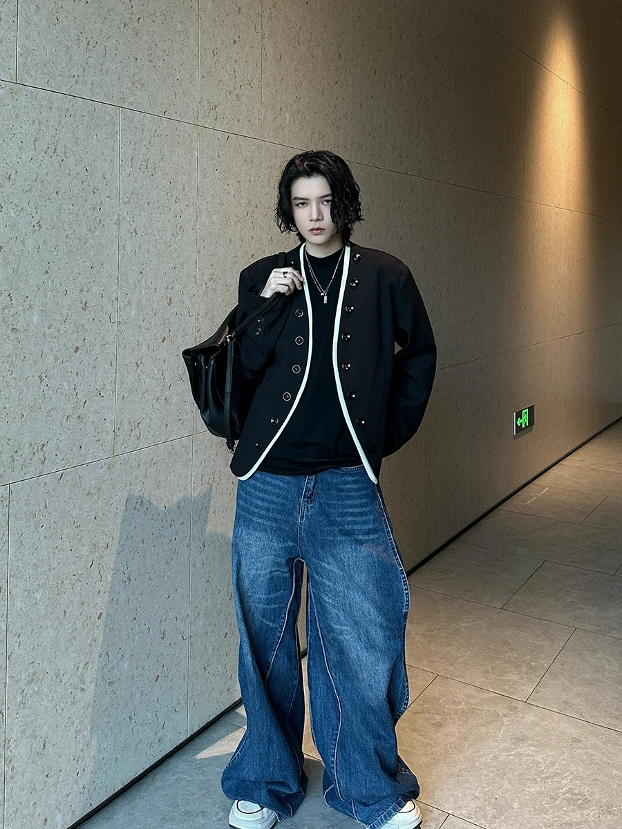 Men's 2025 Spring and Autumn New High-end Button Decoration Coats Contrast Color Casual Jackets Niche Retro Trendy Short Jacket