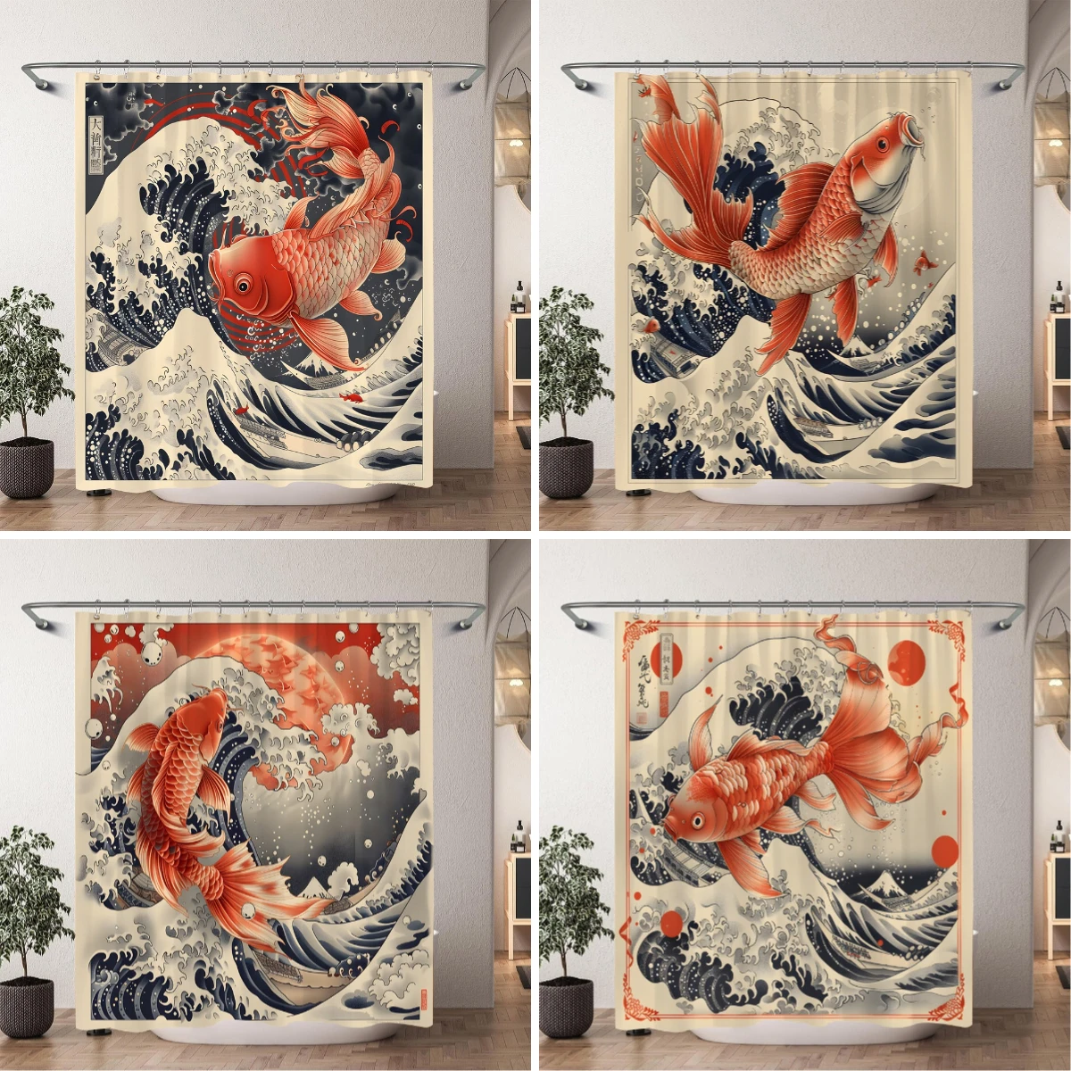 Japanese Sea Waves Red Koi Shower Curtain Ink Painting Printed Polyester Fabric Shower Curtain Bathroom Decoration with Hooks