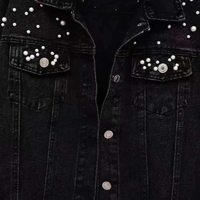 Spring Autumn Beading Denim Jacket For Women Solid Color Pearl Decal Coat American Casual Fashion With Pocket Loose Jackets