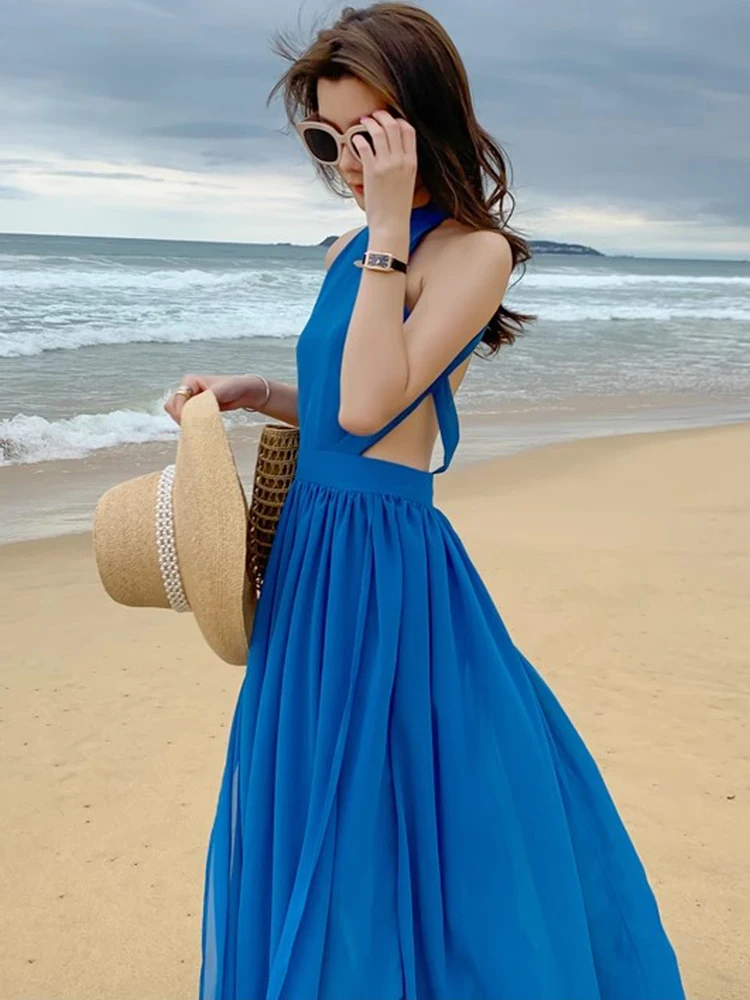 Boho gaun panjang punggung terbuka seksi sifon biru tua mode untuk wanita Halter pinggang tinggi musim panas gaun liburan pantai kasual