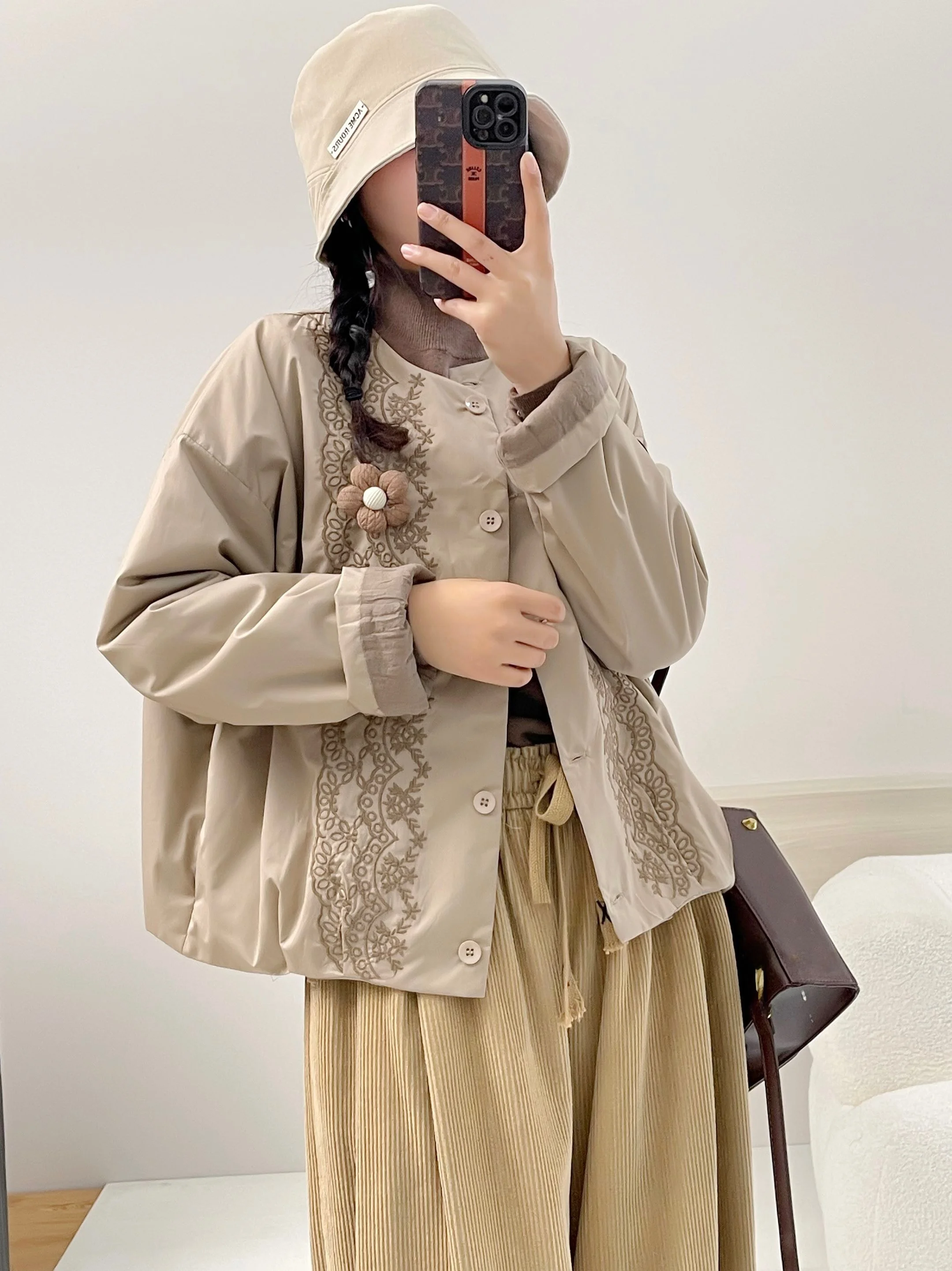 

Fall Winter Embroidered round Ne Thin Cotton ort Jaet Loose Fit Sweet Sle Women's Faion Outerwear Single Button