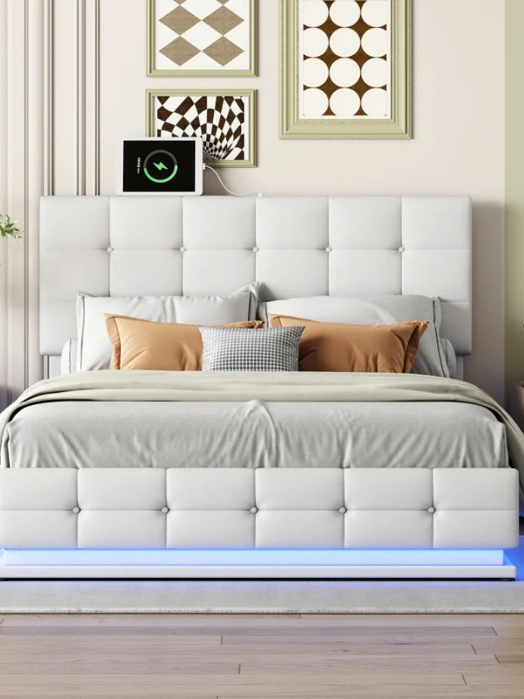 Platform Bed with Hydraulic Storage System,Queen Size PU    LED Lights and USB charger, White