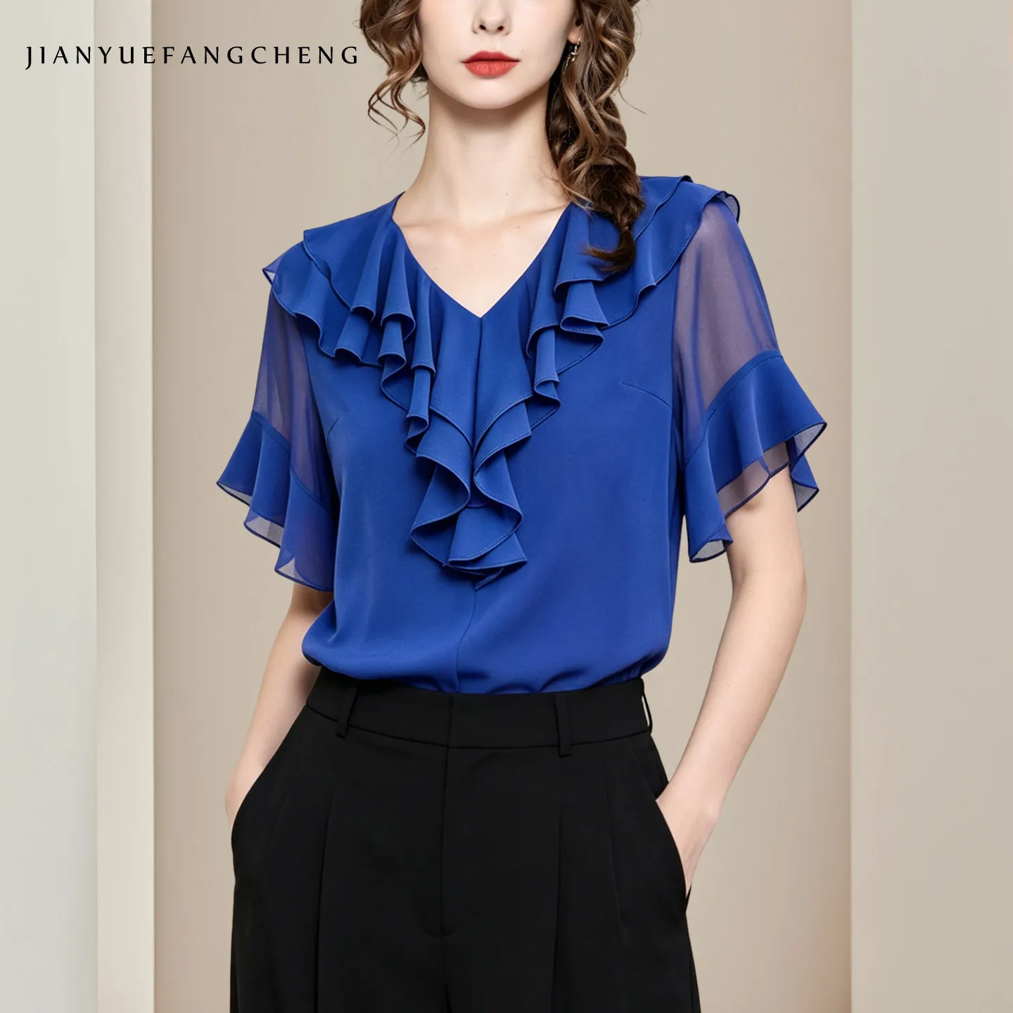 

Fashionable Women' Short Sleeve Chiffon Top For Summer Loose-fitting Ruffled V-neck Blouses Trendy Casual Shirt