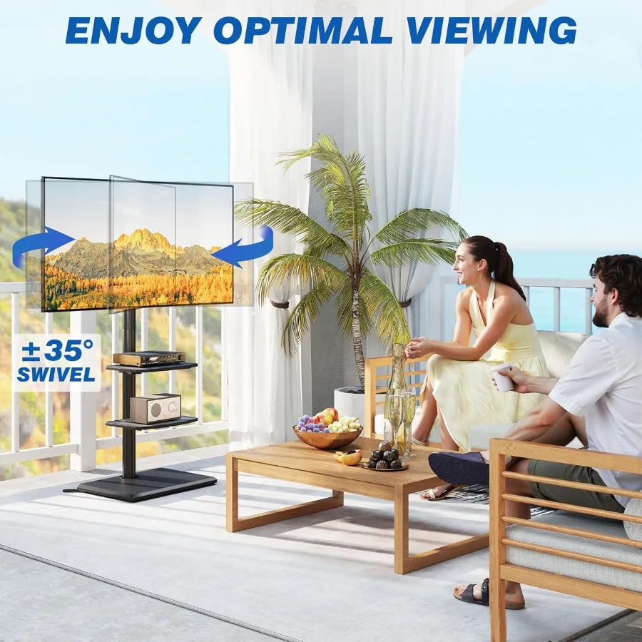 حامل تلفزيون أرضي دوار مع رفين لأجهزة التلفاز مقاس 3260 بوصة حتى 88 رطلًا، حامل تلفزيون قابل للتعديل مع رف قاعدة خشبية لتوفير المساحة