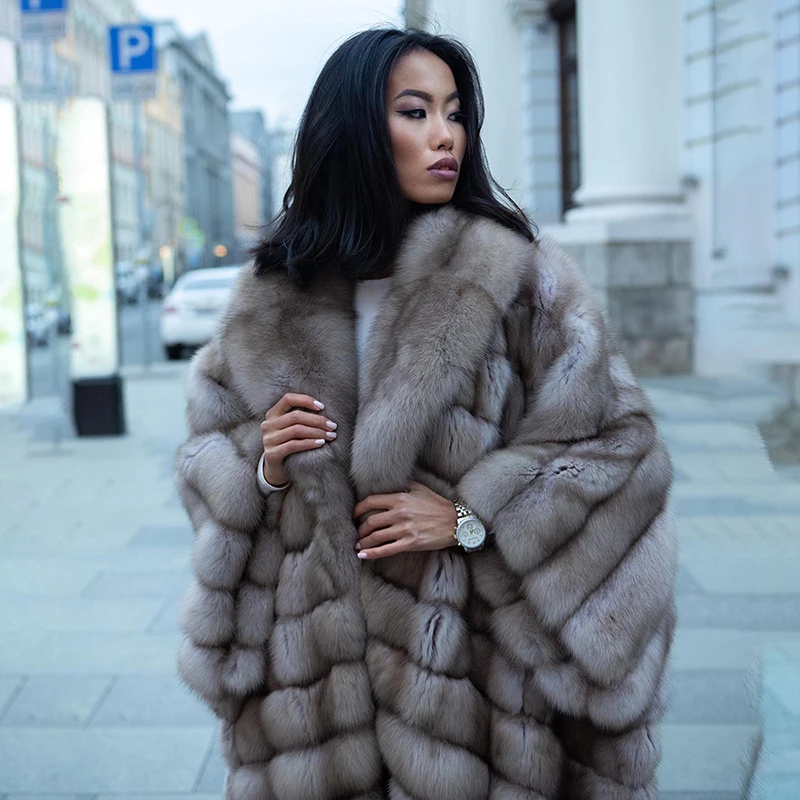 Natural Fox Fur Coat Women Fashion Casual Luxury Outertwear Lapel Loose Long Style Genuine Real Fur Jacket Female 2023 new