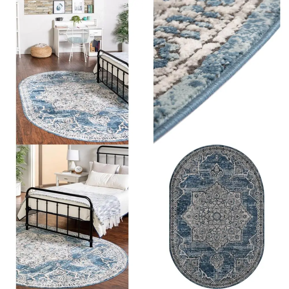 

Oval Blue and Light Blue Area Rug, 6'1 x 9', Smile Design
