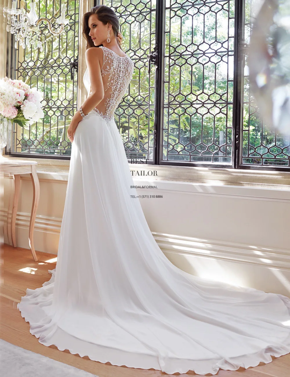 Glamorous Plunging V-Neck Wedding Dress with Cinched Waist Sleek Chiffon Bridal Gown Elegant Draping Regal Train Illusion Back