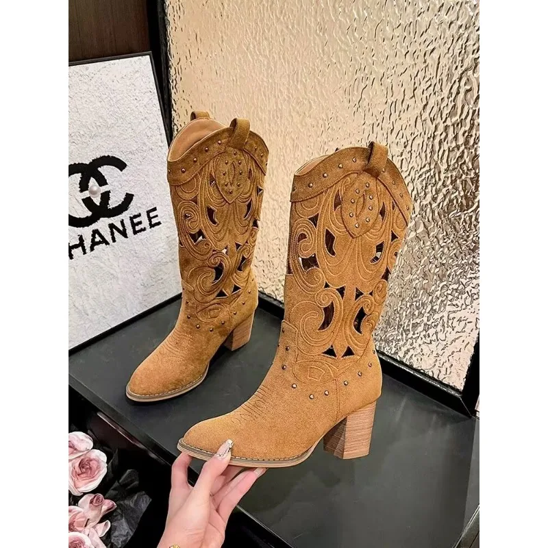 Hollow Embroidered Vintage Western Boots Women 2024 Autumn Chunky Heels Knee High Cowboy Boots Woman Pu Leather Knight Booties