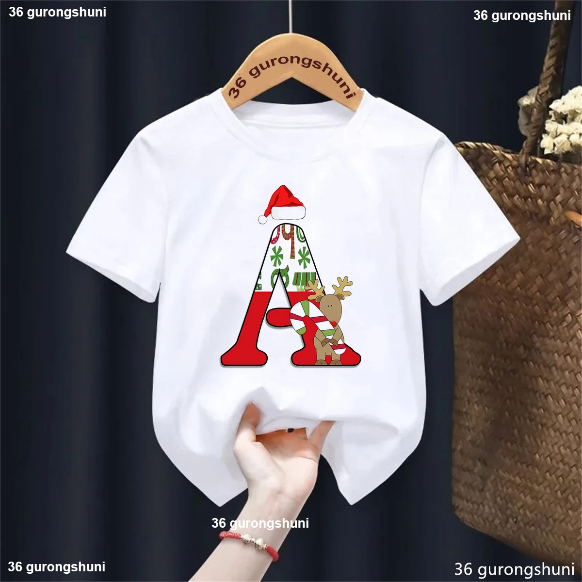 26 Letter Merry Christmas Tree Reindeer T-Shirt Brithday Name Tshirt Happy New Year 2025 Party Gift Boys Girls Kids Clothes Tops