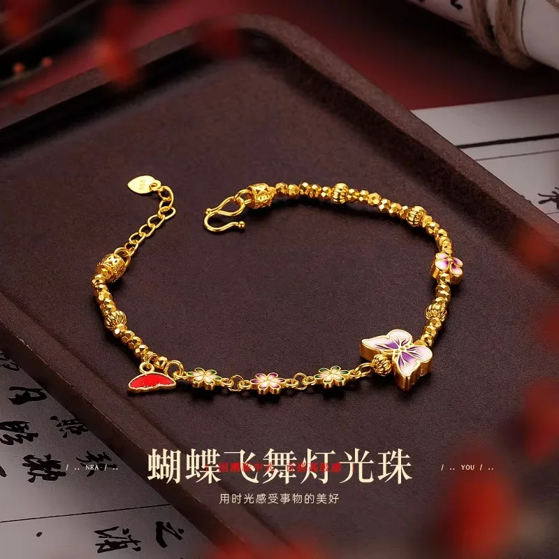 Pryna Jewelry   9999 24K genuine gold design with a fiery blue butterfly flower, light luxury and sparkling bouncing Di bead but
