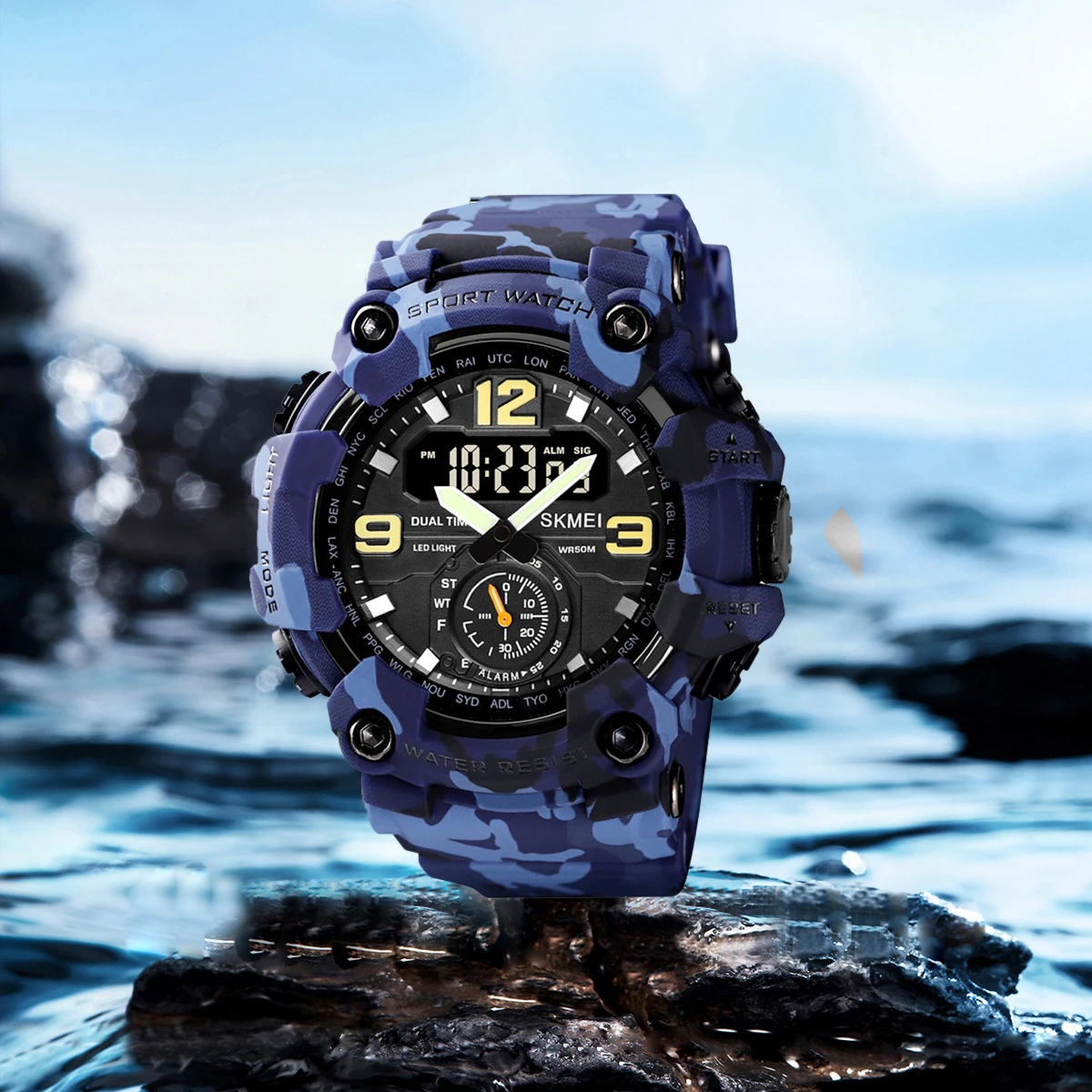 SKMEI 충격 방지 디지털 Digita 손목 시계 남성용 듀얼 무브먼트 LED 라이트 스포츠 쿼츠 시계 남성 방수 전자 시계