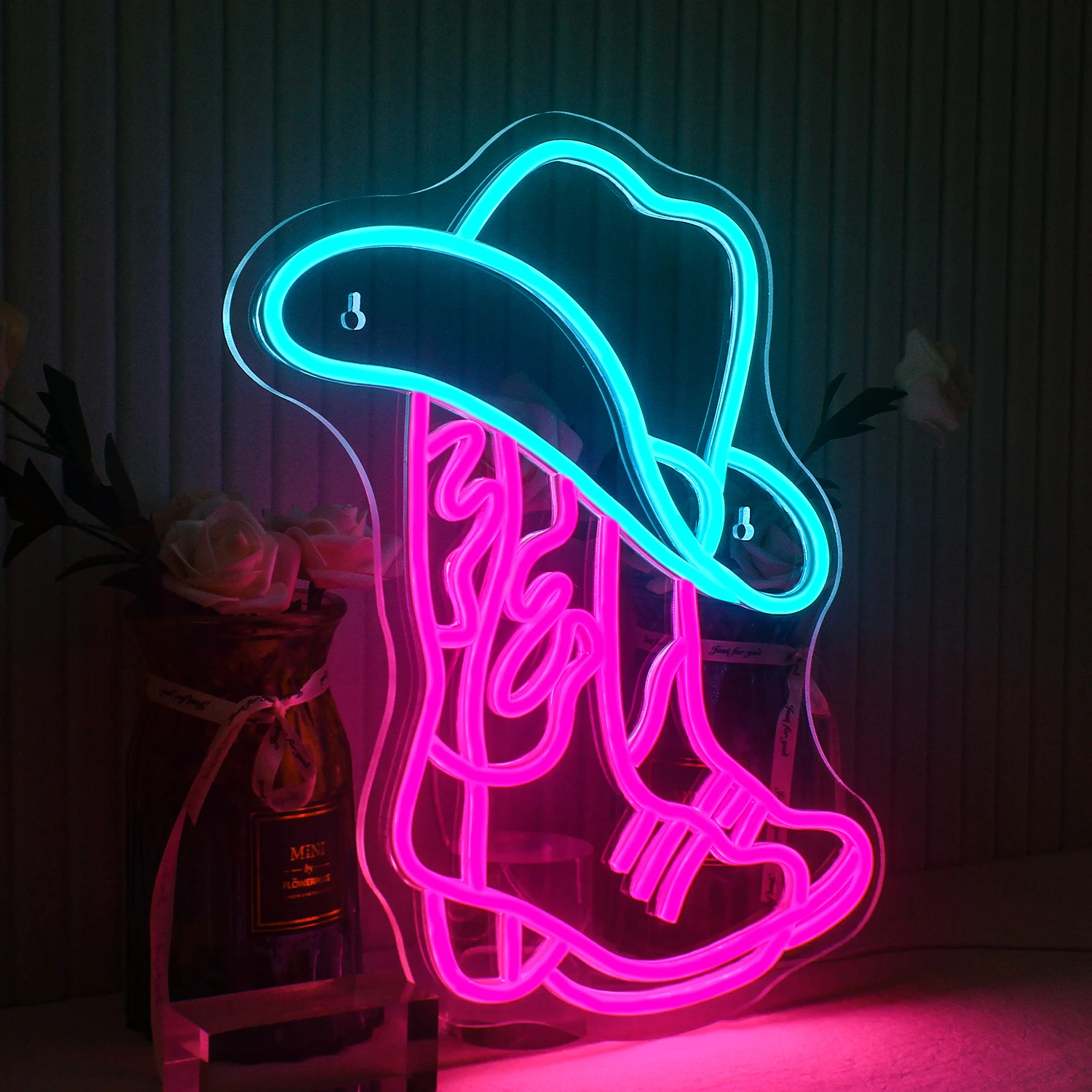 Bota y sombrero de vaquero letrero de neón LED Rosa botas de vaquera letrero de neón arte de pared occidental estético para sala de juegos fiesta Bar cumpleaños neón