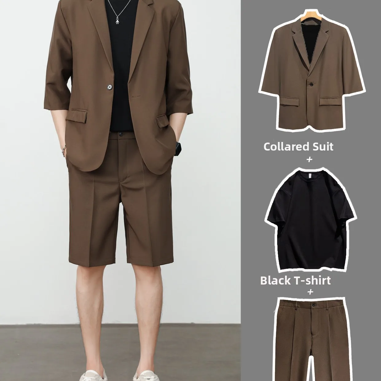Casual Slim Fit Men's Suit Short Sleeve Seven-Foot Coat And Five-Foot Shorts Set Summer Leisure Fashion Single-Button Closure...