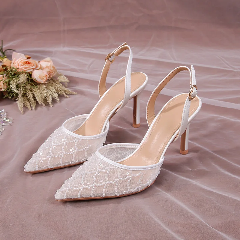 

Mermaid Lace Beads Pointed Sandals Women's 2026 Summer New Breathable Back Strap High Heels Banquet Wedding Shoes for Female