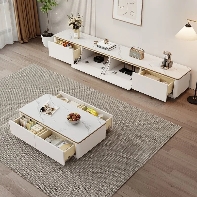 Full solid wood coffee table, TV cabinet, sintered stone cabinet combination, small apartment with downward sliding door storage