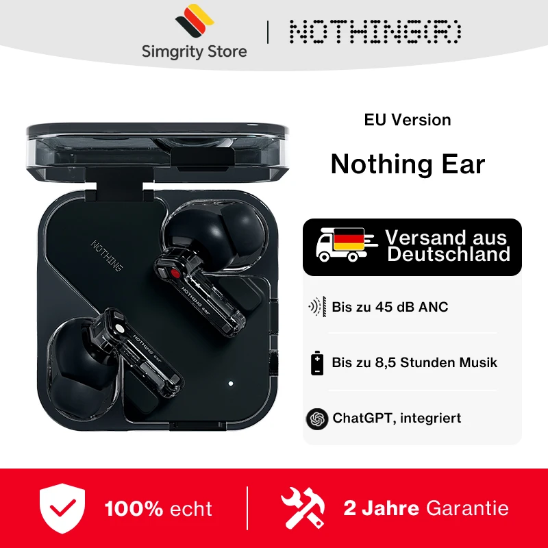 Nothing Ear Kabelloses Bluetooth-Headset 45dB Aktive Geräuschunterdrückung ANC 11mm Treiber 24-Bit Hi-Res Audio mit LDAC & LHDC