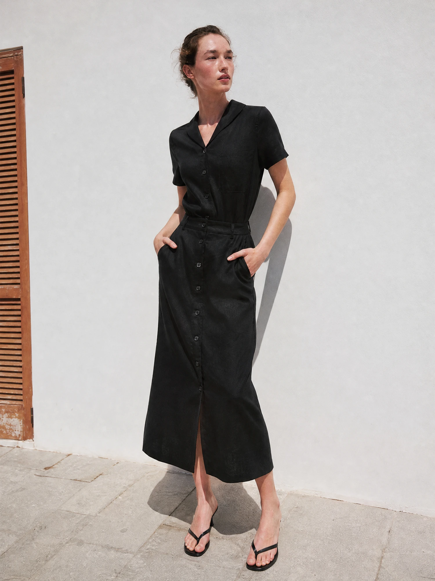 Loose Fit Linen Shirt And Straight Leg Skirt Set Short Sleeve Button up Business Style Summer Fashion Women's Two Piece Suit