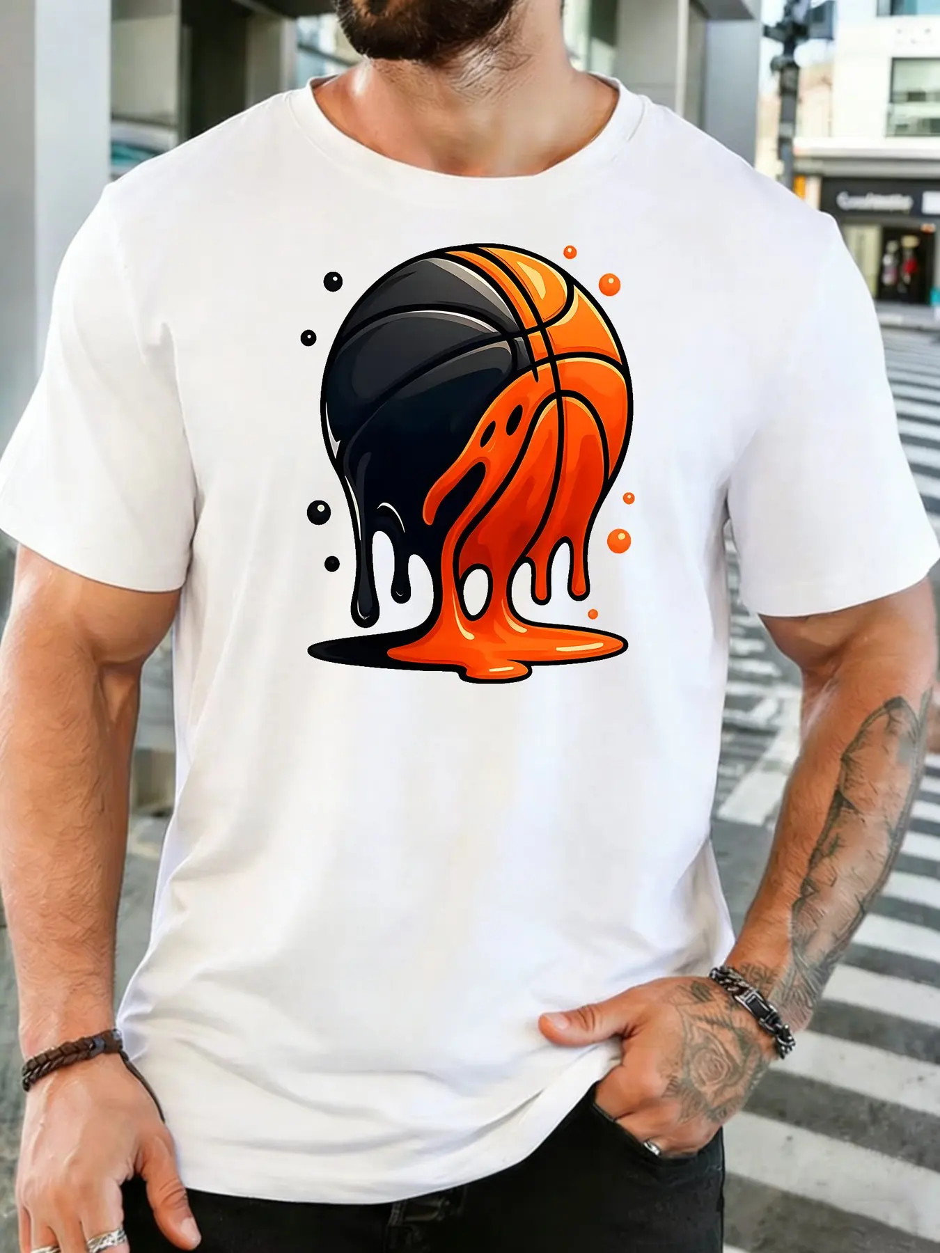 Male White Round Neck T Shirt Two Tone Dripping Basketball Liquid Splash Cool Street Sport Art Basketball Lover Daily Cotton Tee