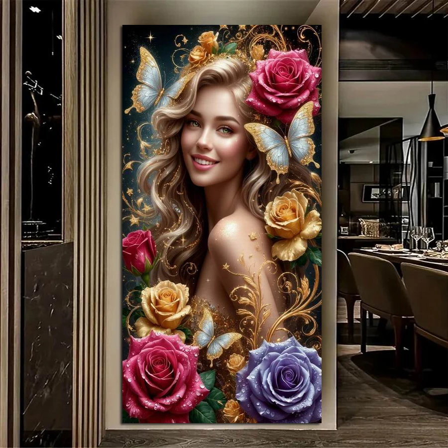 

Beautiful Woman Butterfly Flower Picture Large Size Diy Diamond Arts Painting Full Square Round Drill Mosaic Embroidery Kits