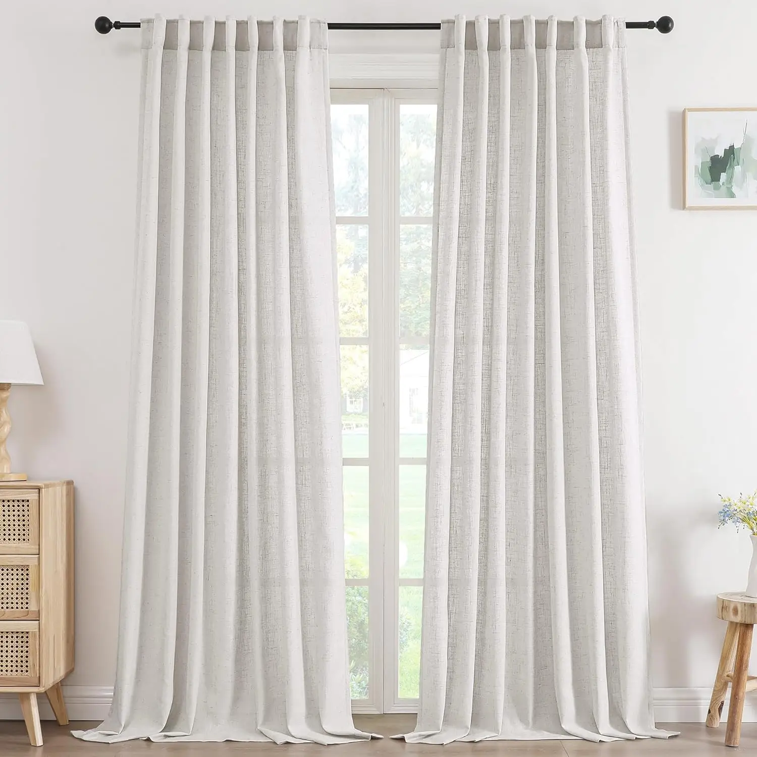 

Льняные шторы длиной 108 дюймов, комплект из 2 панелей, полупрозрачные светофильтрующие шторы, задняя вкладка, плиссированная фермерский дом Dr