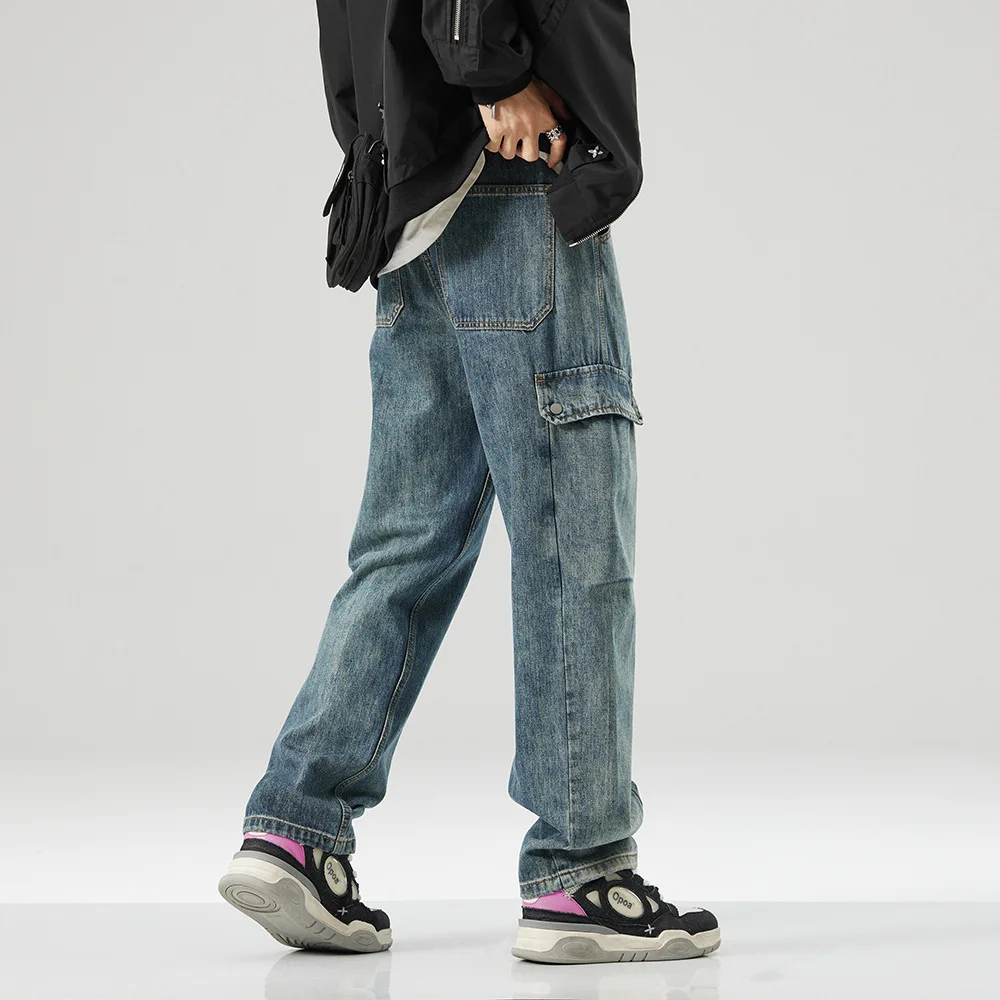 High quality long straight cargo jeans for men plus size cotton denim casual vintage trousers new 2024 clothing - blue