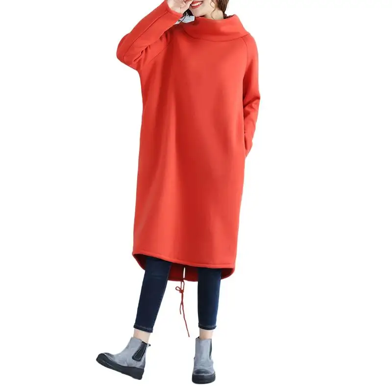 

Winter High Neck Long Sleeve Dress 2024 Women Loose Sweatshirt Hoodies Dress Female Fashion Stylish Cotton Thick Warm Dresses
