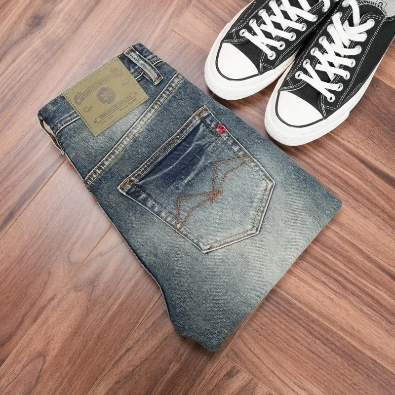 

Autumn and winter men's heavy-duty washed jeans, classic retro blue slim straight vintage men's pants, popular men's fashion