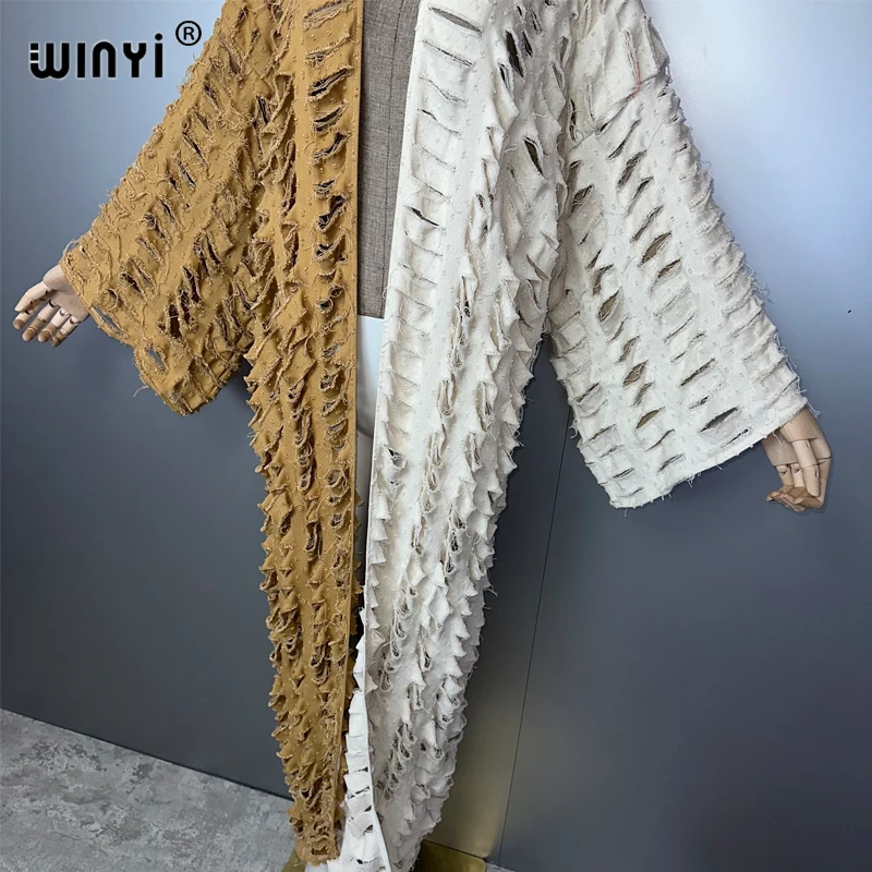 Winyi moda africana cardigan para as mulheres novo 2024 solto casaco oco denim longo para baixo casaco maiô cobrir verão quimono