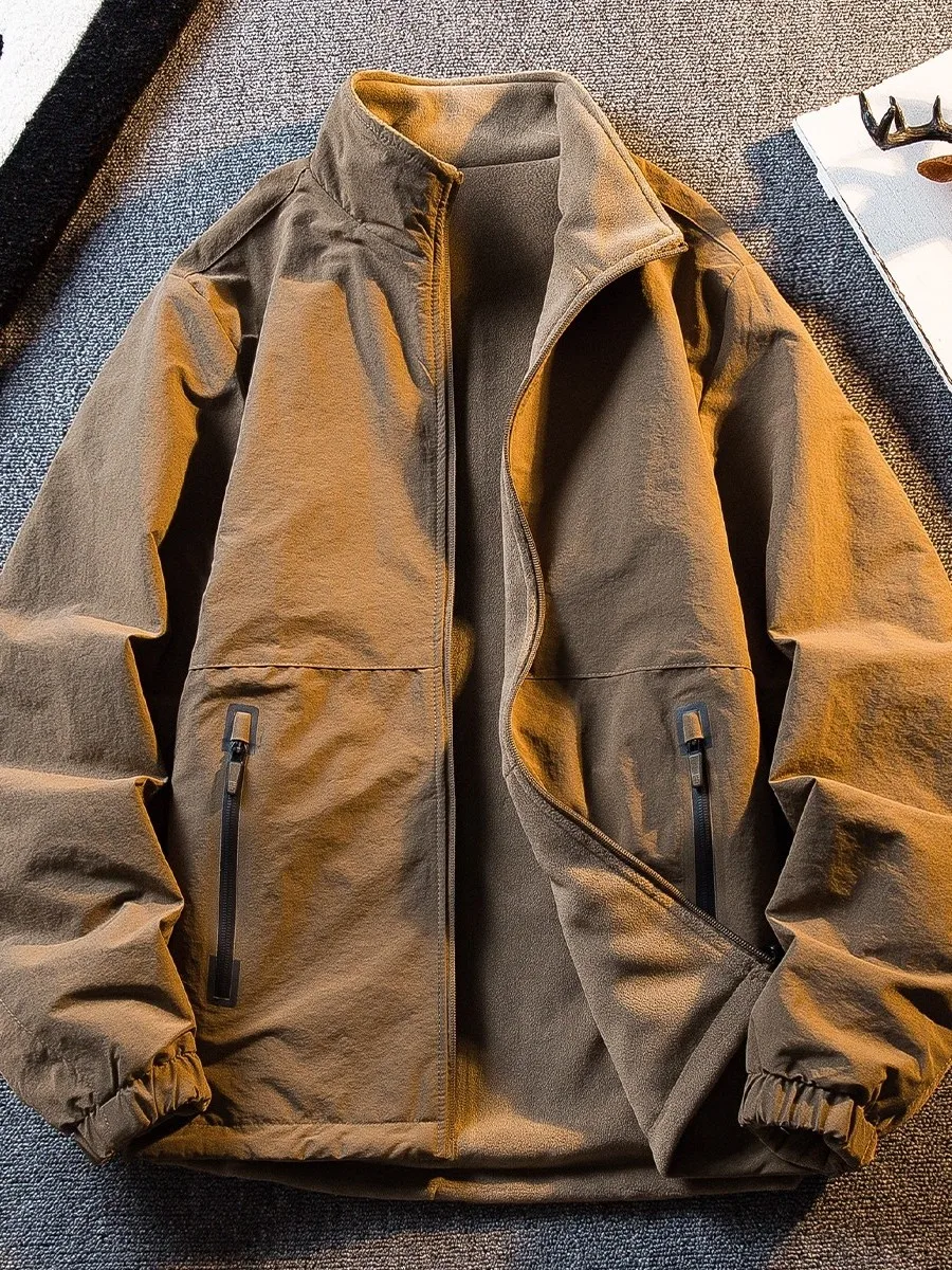 

Двусторонняя утепленная куртка с флисовой подкладкой и воротником-стойкой для мужчин, осенне-зимняя, теплая, ветрозащитная, водонепроницаемая, повседневная верхняя одежда